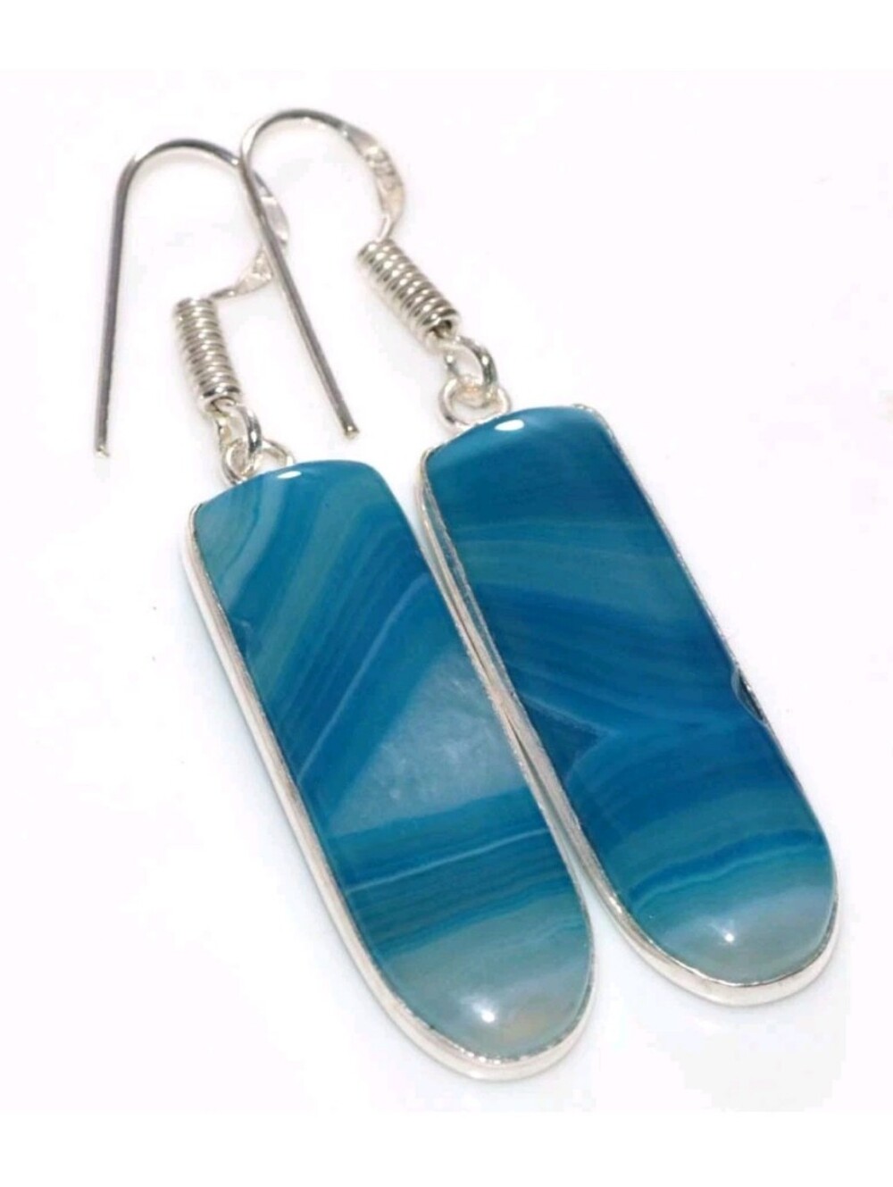 Blue Botswana Agate Gemstone 925 Sterling Silver Handmade Drop Dangle Earrings